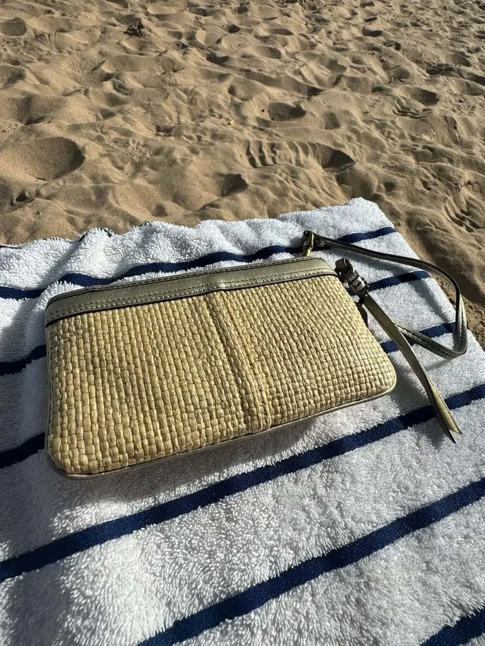 Coach Legacy Woven Straw and Metallic Leather Wristlet